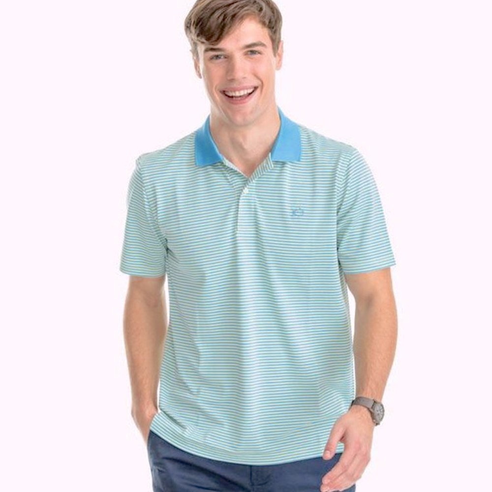NWT Southern Tide Men's Fort Fredrick Stripe Performance Polo Atlantic Blue